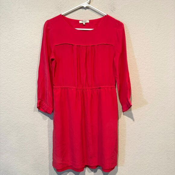 Madewell 100% Silk Long Sleeve Mini Dress Bright Coral Pink Party Women's size 2 - Picture 1 of 10